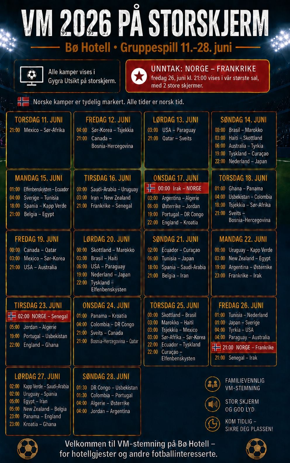 Alt-tekst: Turneringsoversikt for VM 2026 på Bø Hotell, inkludert kamptider og lag, med fokus på Norges kamper.
