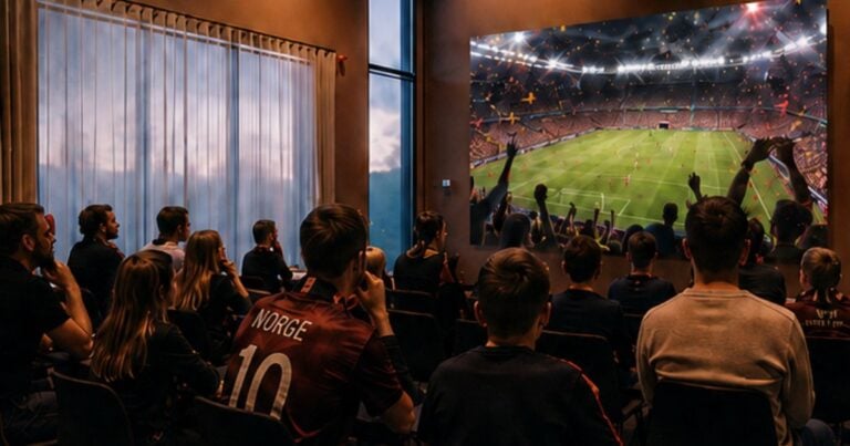 Ungdom ser på fotballkamp på storskjerm med stor entusiasme og jubel i et rom.