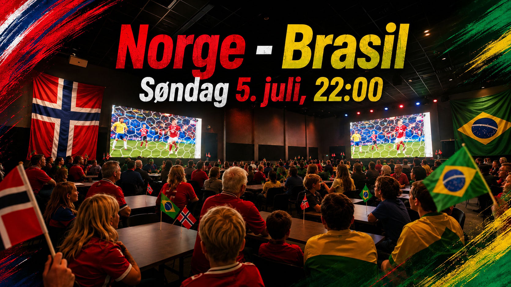 Sammenkomster for Norge - Brasil kamp 5. juli, med entusiastiske fans og stor spilling på storskjerm.